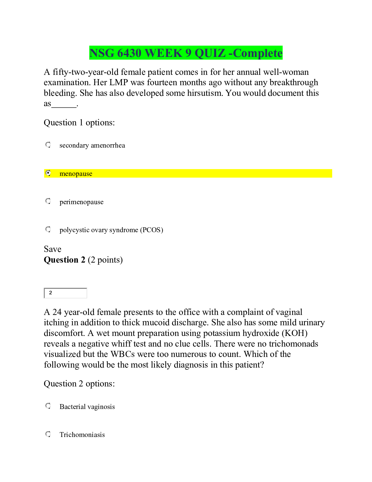 Preview image of NSG 6430 WEEK 9 QUIZ -Complete document